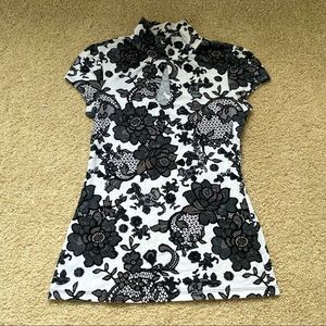 Express Black & White Floral Lace Keyhole Shirt